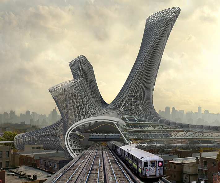 Alloy tower over transportation hub, New York, USA