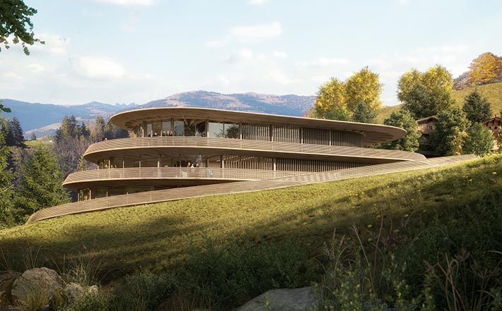 Timber building by Foster + Partners, Gstaad, Switzerland