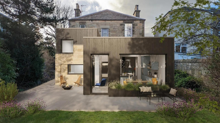 Stone + charred wood extension, The Grange — AGORA architecture + design — Edinburgh, Scotland